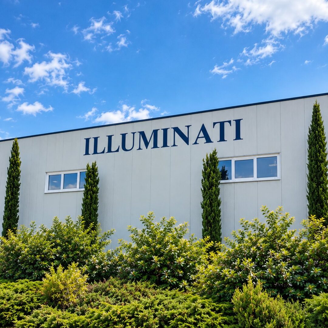 Scritta Illuminati in grandi lettere blu sulla facciata di un capannone