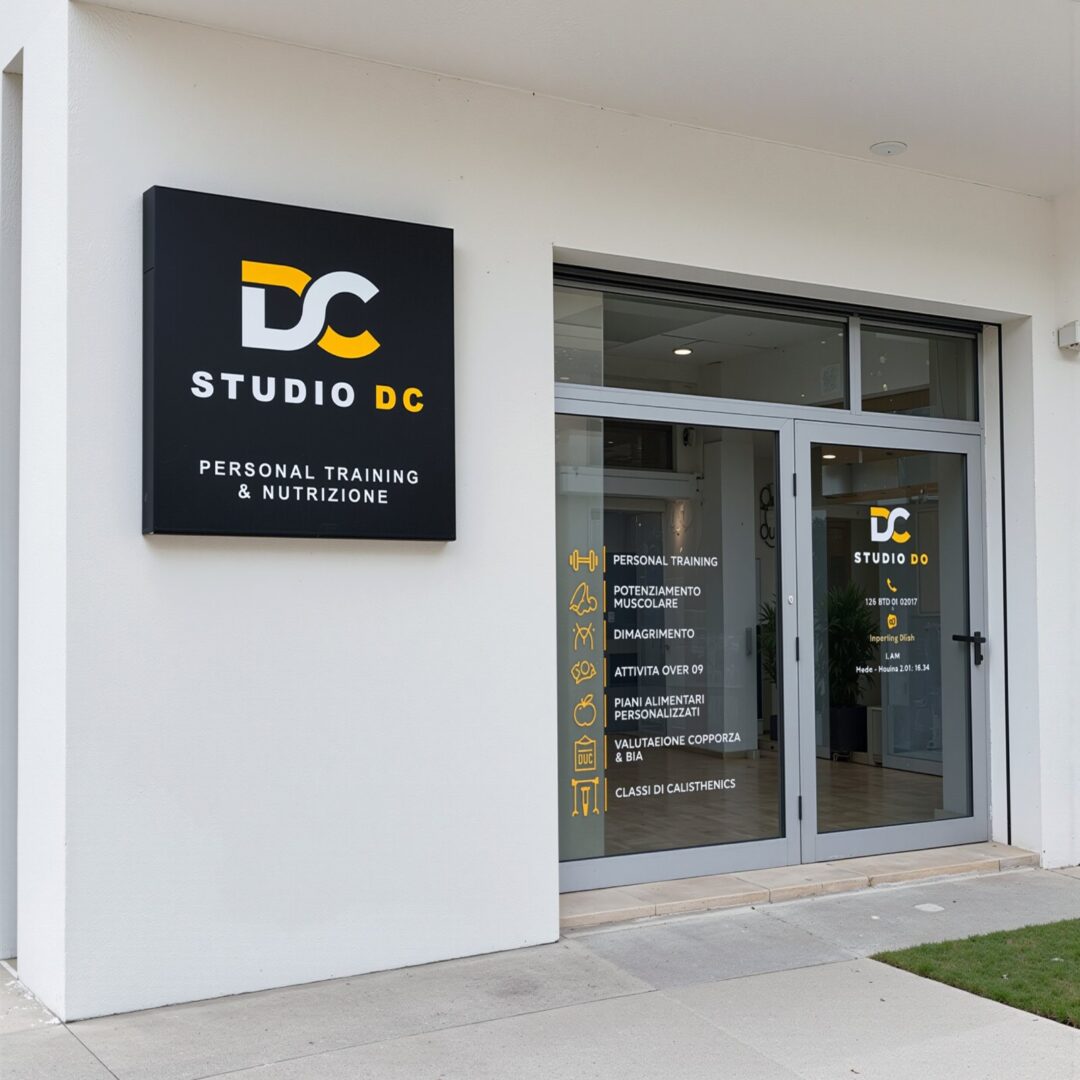 Insegna nera e gialla Studio DC personal training e nutrizione accanto all'ingresso a vetri