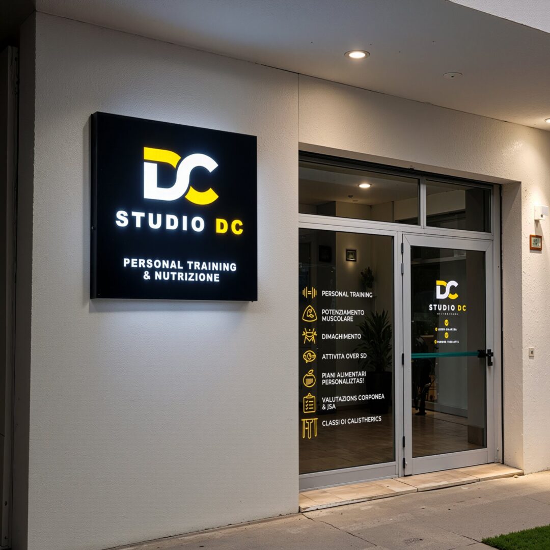 Insegna Studio DC accesa di sera accanto all'ingresso a vetri
