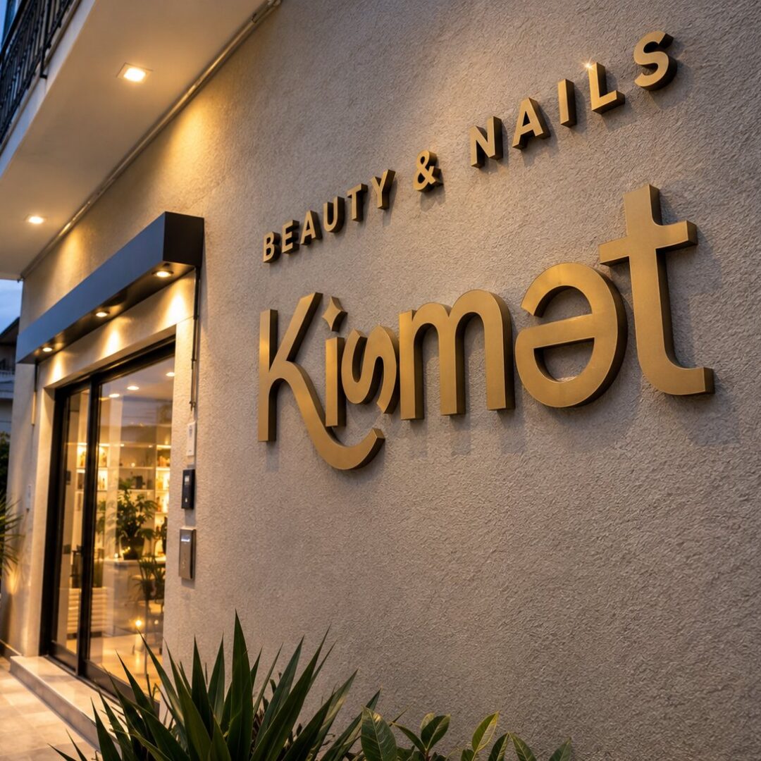 Scritta Kismet Beauty & Nails in lettere dorate in rilievo sulla facciata, di sera