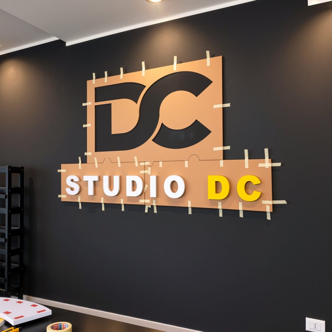 Logo Studio DC in rilievo durante il montaggio con la dima di carta sulla parete